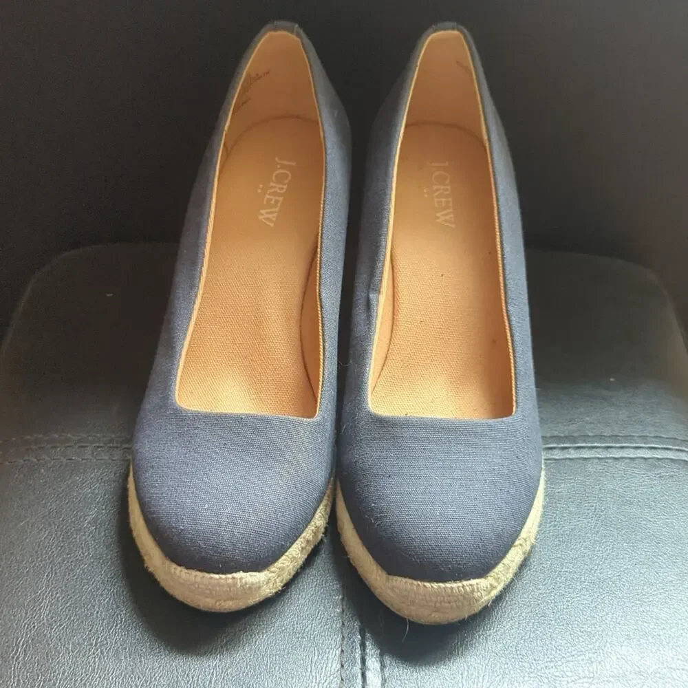 J Crew Classic Navy Blue Seville Slip On Preppy Summer Espadrille Wedges
